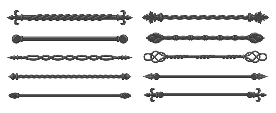 Set of grey forged metal rods and finials, featuring twisted, braided, or smooth bars with decorative spearheads, balls, leaves, and knots. Iron scrolls and rods on white background. Vector illustrati