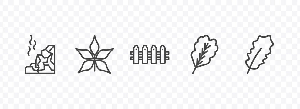 nature icon set with mountain pse, chestnut leaf, oak leaf, pedunculate signs in flat outline style