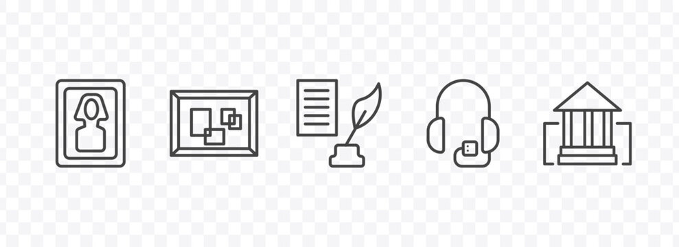 museum and exhibition icon set with el greco, pop art, audio guide, buffalo signs in flat outline style