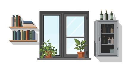 Modern interior wall with window bookshelves and potted plants illustration © muhamad