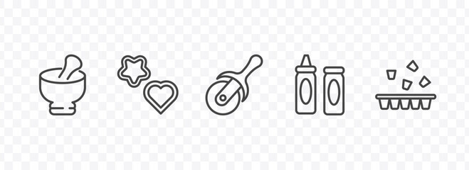 Fototapeta premium kitchen icon set with mortar, cookie cutter, sauces, ice cube tray signs in flat outline style