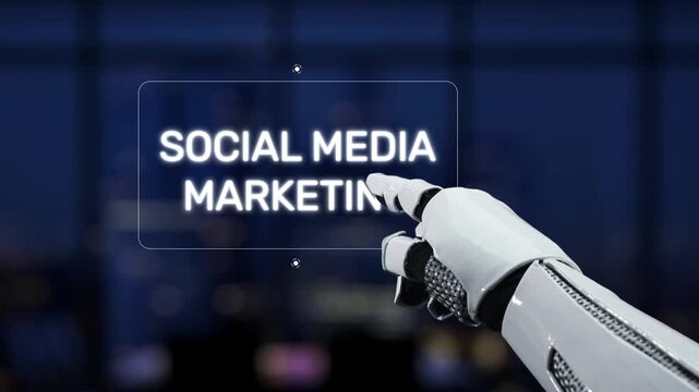 A futuristic robot hand interacts with digital icons representing social media marketing. This image symbolizes innovation in digital strategies and analytics. Synapse