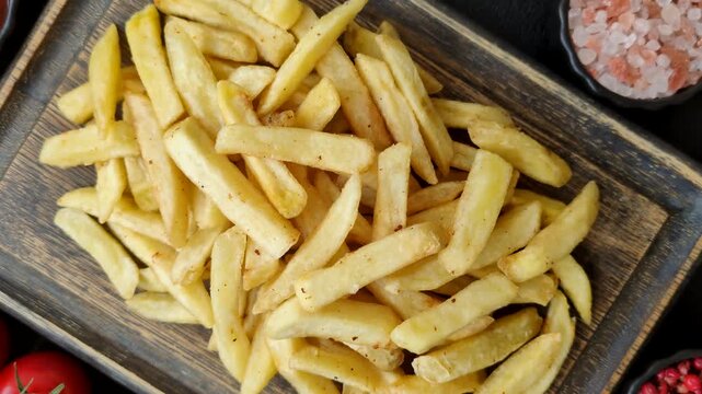 Golden French fries fried with salt and spices, unhealthy takeaway food. French fries as a food background for your design