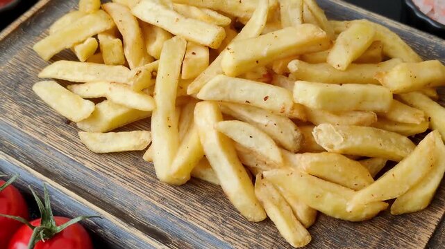 Golden French fries fried with salt and spices, unhealthy takeaway food. French fries as a food background for your design