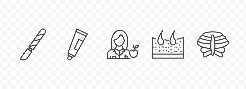 medical and healthcare icon set with scalpel, ointment, dermis, sternum signs in flat outline style