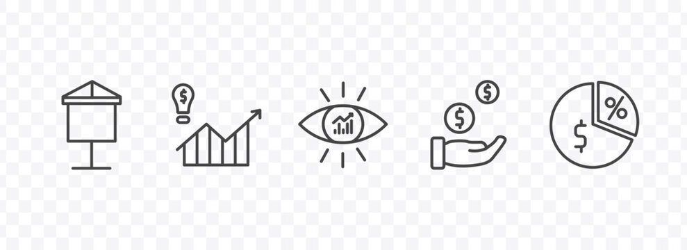 marketing icon set with banner, demand, buying, margin signs in flat outline style