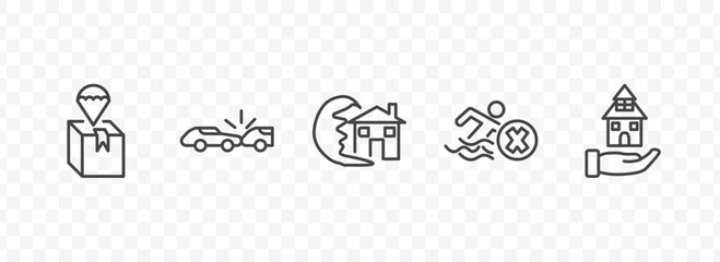Fototapeta premium insurance and coverage icon set with delivery insurance, rear end collision, risk pool, mortgage signs in flat outline style
