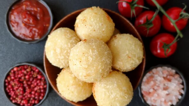 Cheese balls or potato croquettes, golden brown, fried with salt and spices, are a healthy takeaway. Cheese balls as a food background for your design