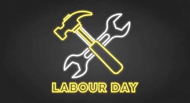 Labour day neon sign with hammer and wrenches worker appreciation