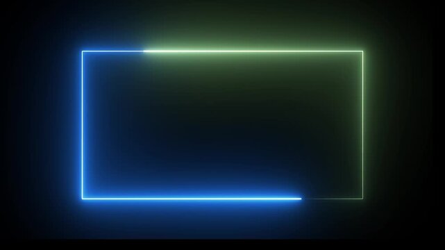 Dynamic neon glowing rectangular frame with smooth blue and green light trails moving along the border, modern digital overlays, abstract cinematic backgrounds, and high-tech visual effects
