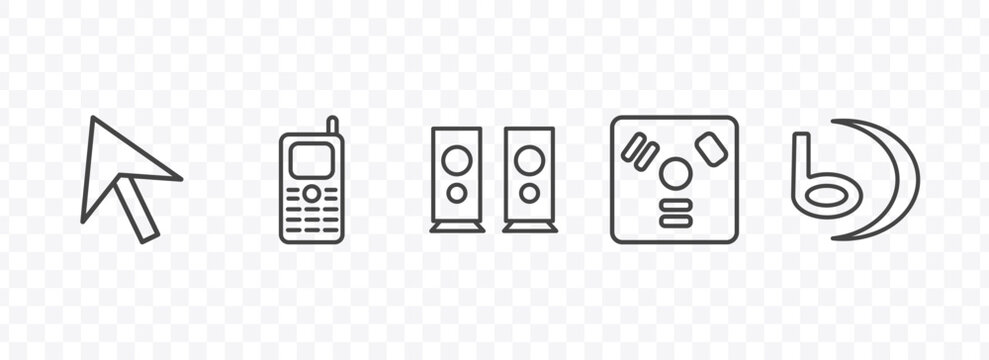 hardware and equipment icon set with mouse pointer, keypad phone, firewire, signs in flat outline style