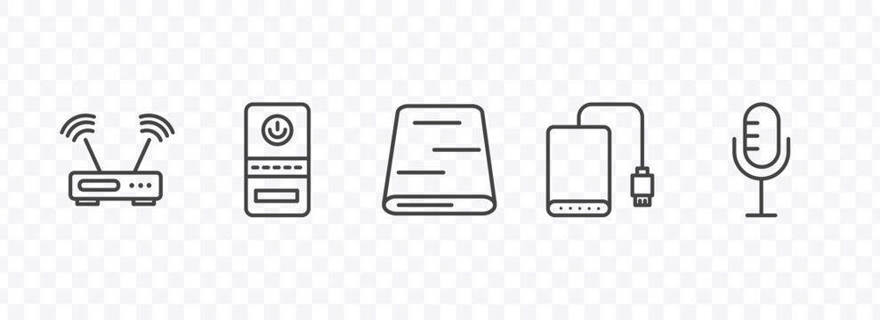 hardware and equipment icon set with hardware hotspot, computer case, external hard drive, radio mic signs in flat outline style