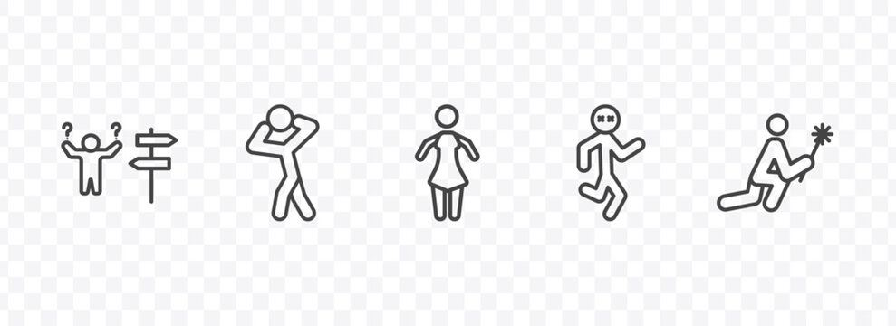 feeling and reaction icon set with lost human, scared human, crappy human, sorry signs in flat outline style