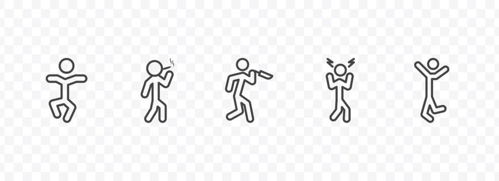 feeling and reaction icon set with stupid human, bad human, aggravated human, happy signs in flat outline style