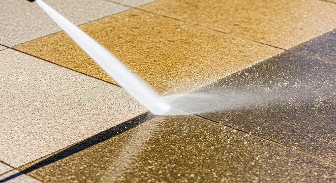 A high-pressure water stream effectively removes dirt and grime from textured outdoor patio tiles, revealing a clean surface underneath, removal, high pressure, home