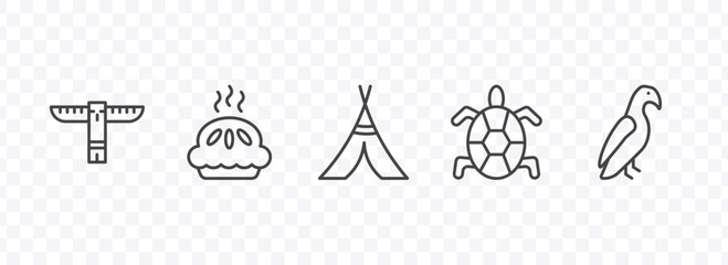 culture and civilization icon set with native american totem, meat pie, surfing a sea turtle, aw on a branch signs in flat outline style © Abstract