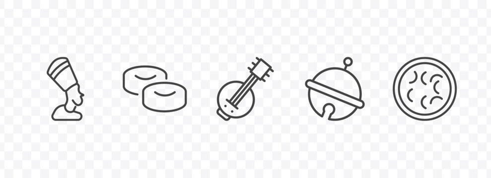 culture and civilization icon set with nefertiti, mantecados, sleigh bell, fabada signs in flat outline style