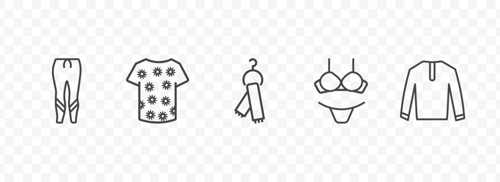clothes and outfit icon set with leggins, t shirt with de, lingerine, nylon jacket signs in flat outline style