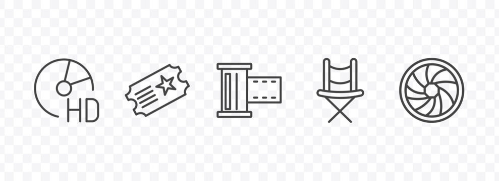 cinema and theater icon set with hd dvd, theater ticket, director film chair, camera lens signs in flat outline style