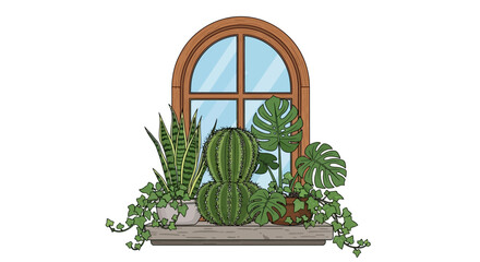 Fototapeta premium Illustration of various houseplants on a wooden window sill