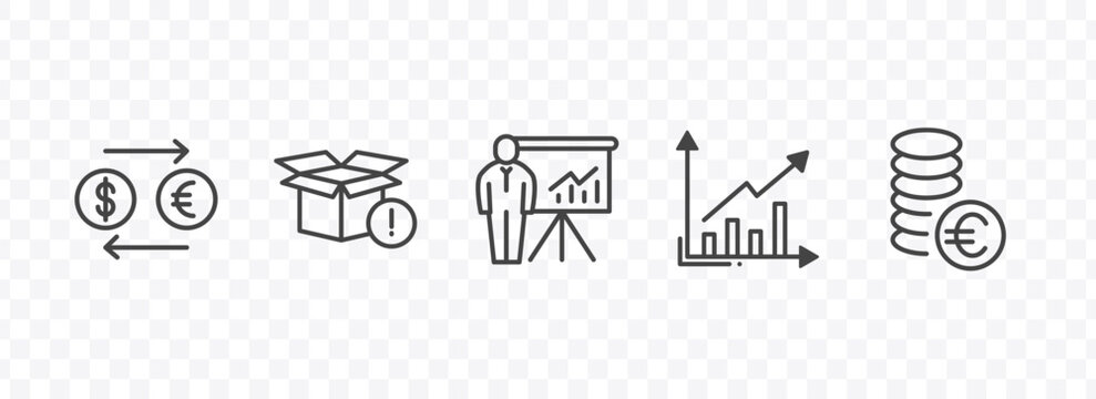 business and finance icon set with currency exchange, empty box, graphs, euro coins stack signs in flat outline style