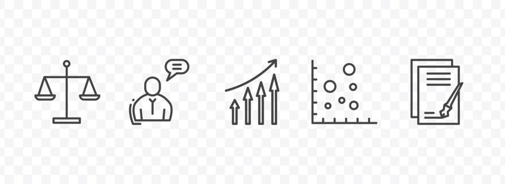 business icon set with scale in balance, man talking, scatter chart, signs in flat outline style