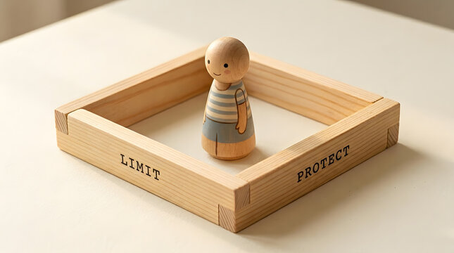 Wooden peg doll in square frame representing personal boundaries | Conceptual child protection and safety limits in education | Psychological safety and emotional well-being metaphor | Social space