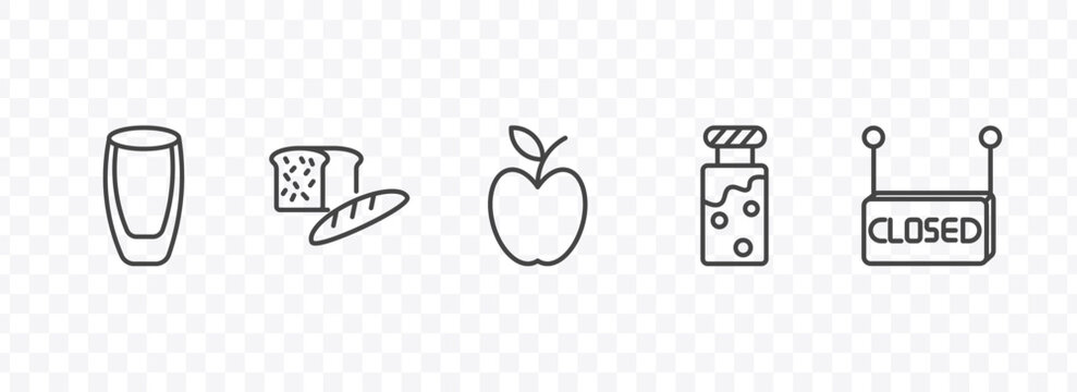 restaurant icon set with wide glass, load of bread, jar full of food, closed signs in flat outline style