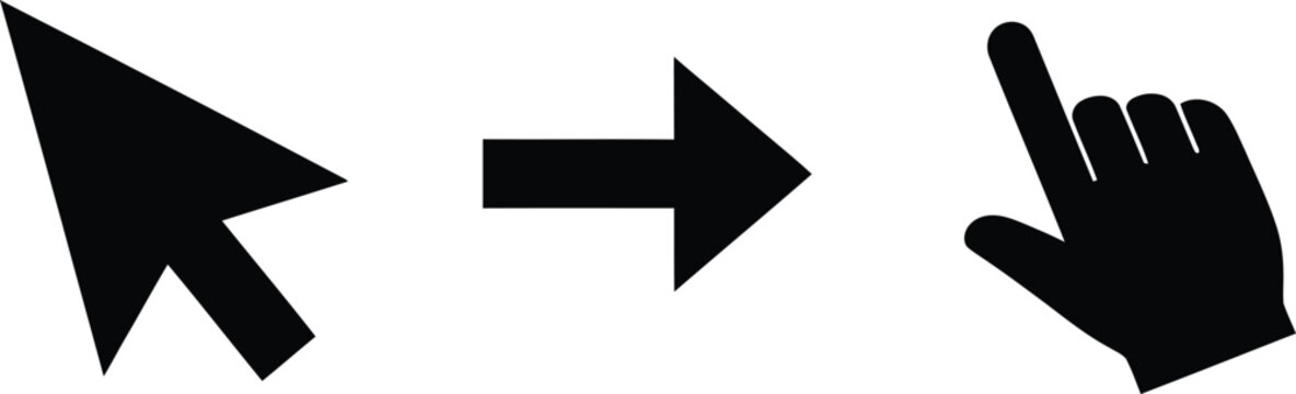 Cursor arrow and pointing hand icons set representing user interface elements isolated on transparent background for digital design projects
