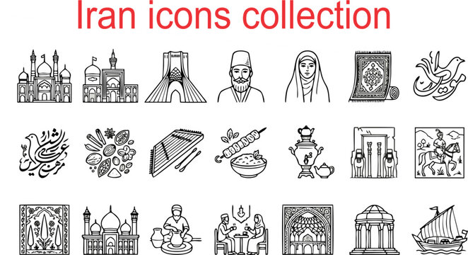 iran icons collection.eps, Iran, officially the Islamic Republic of Iran, is a historic country in Western Asia known for its rich cultural heritage, ancient Persian civilization, stunning architectur