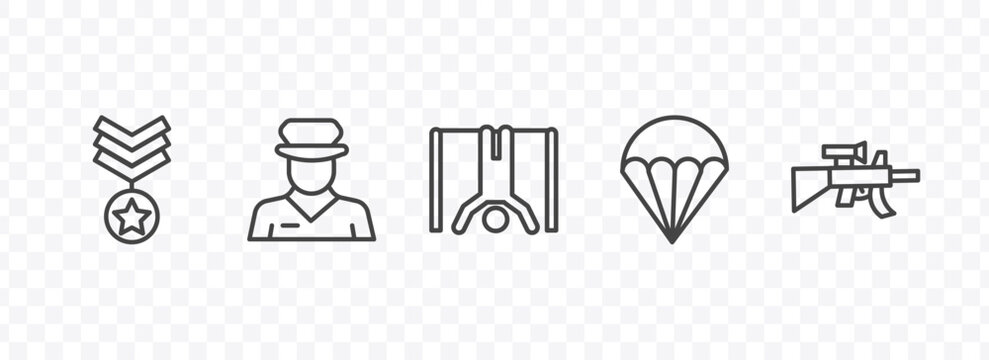 military and war and icon set with militar in, officer, parachute, assault signs in flat outline style