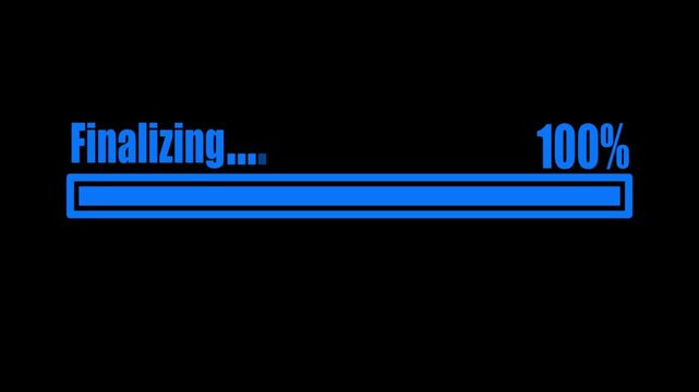 Digital blue progress bar showing finalizing process at 77 percent on black