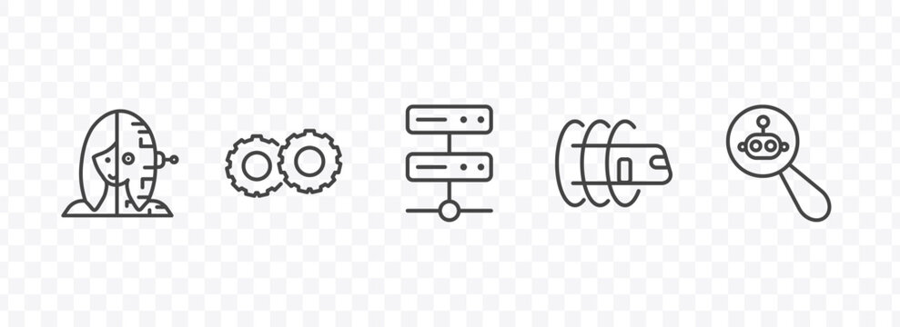 ai and future technology icon set with humanoid, hine, hyperloop, microbots signs in flat outline style
