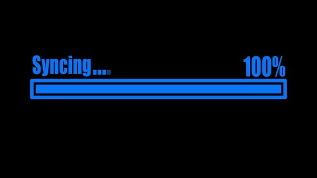 Digital blue progress bar showing syncing process at 77 percent on black screen
