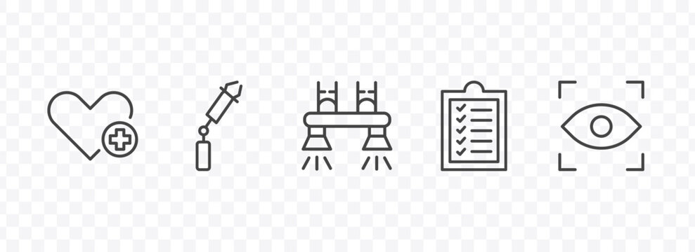 ai and future technology icon set with healthcare, bionic arm, check list, eye tracking signs in flat outline style