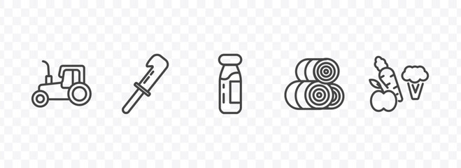 agriculture and farm icon set with tractor, billhook, hay roll, vegetable signs in flat outline style © Abstract