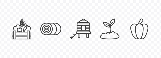 agriculture and farm icon set with farm products, bale of hay, plant sprout, capsicum signs in flat outline style © Abstract