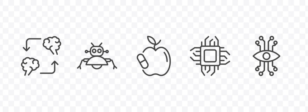 ai and future technology icon set with mind transfer, robot assistant, chip, bionic eye signs in flat outline style