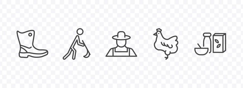 agriculture and farm icon set with farmer boots, farmer hoeing, hen, cereals signs in flat outline style