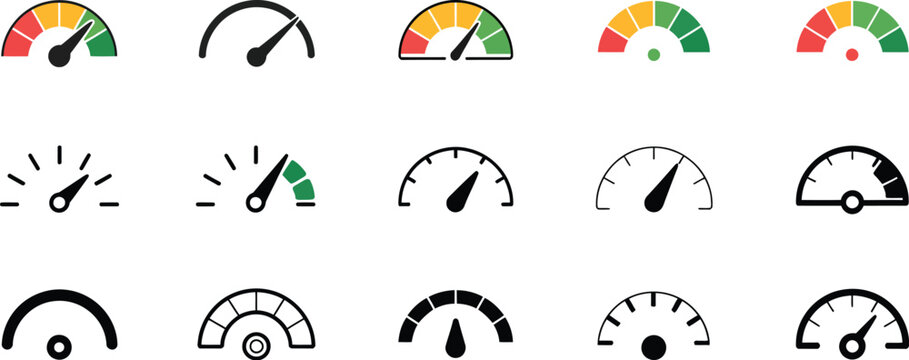 Speedometer Icon Speed Indicator Gauge with Arrow, Dashboard Meter, Tachometer Scale Symbol and Performance Measurement Vector Illustration