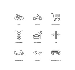 Naklejka premium transportation icon set with bikes, quad bike, cart with boxes, school bus empty signs in flat outline style
