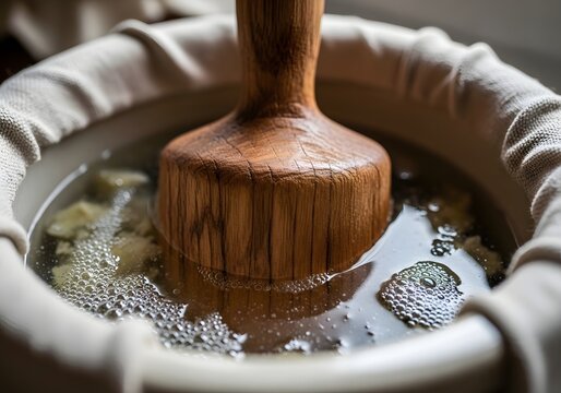 A wooden masher in a pot of boiling soup or stew with bubbles