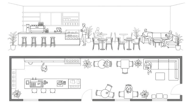 Modern Coffee Shop Interior Design Architectural CAD Plan and Layout