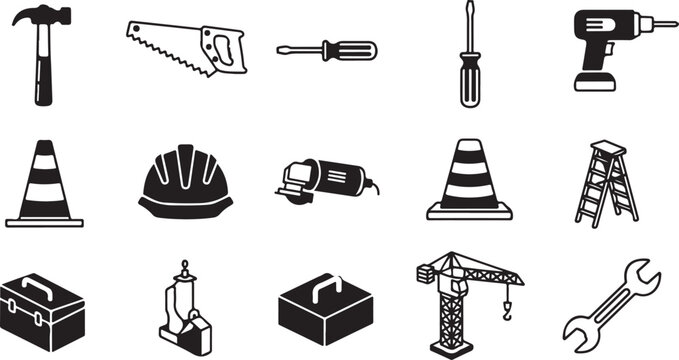 Set of black construction tools and building equipment icons for home repair and industrial work