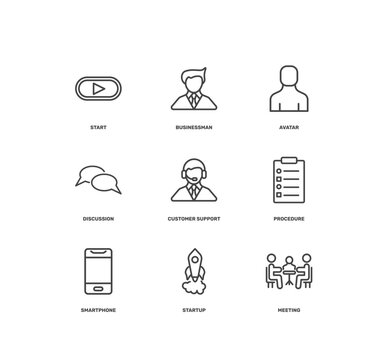 strategy icon set with start, businessman, avatar, meeting signs in flat outline style