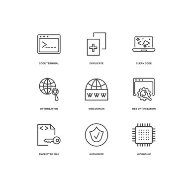 information technology icon set with code terminal, duplicate, clean code, microchip signs in flat outline style