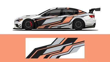 Racing car with orange, black and white livery, side profile illustration. © AhzaArdiansyah
