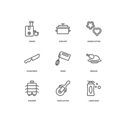 Fototapeta premium kitchen icon set with juicer, stew pot, cookie cutter, liquid soap signs in flat outline style