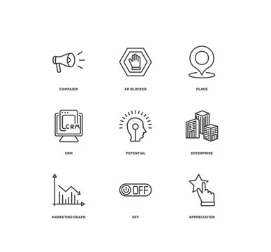marketing icon set with campaign, ad blocker, place, appreciation signs in flat outline style