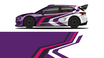 Fototapeta premium Sporty purple racing car with bold white and magenta stripes in dynamic profile.